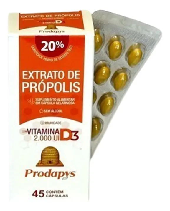 EXTRATO DE PRÓPOLIS 20% COM VITAMINA D3 2.000 UI 45 CÁPSULAS